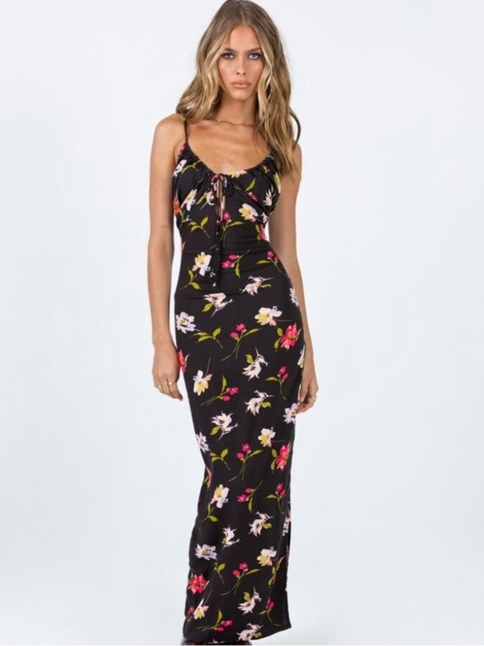 Princess Polly Black Floral Maxi Dress with Pink and Cream Blossoms
